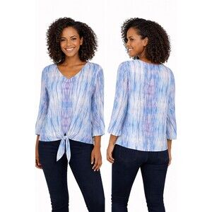 NEW Chico’s Tie Dye Top Large Tie Front Blue Rayon Jersey Knit 3/4 Sleeve